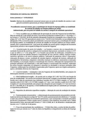 Abertura de Procedimento Concursal Comum para um posto de trabalho da carreira e categoria de Assistente Operacional