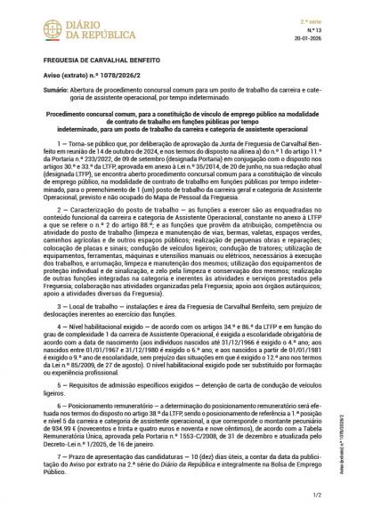 Abertura de Procedimento Concursal Comum para um posto de trabalho da carreira e categoria de Assistente Operacional